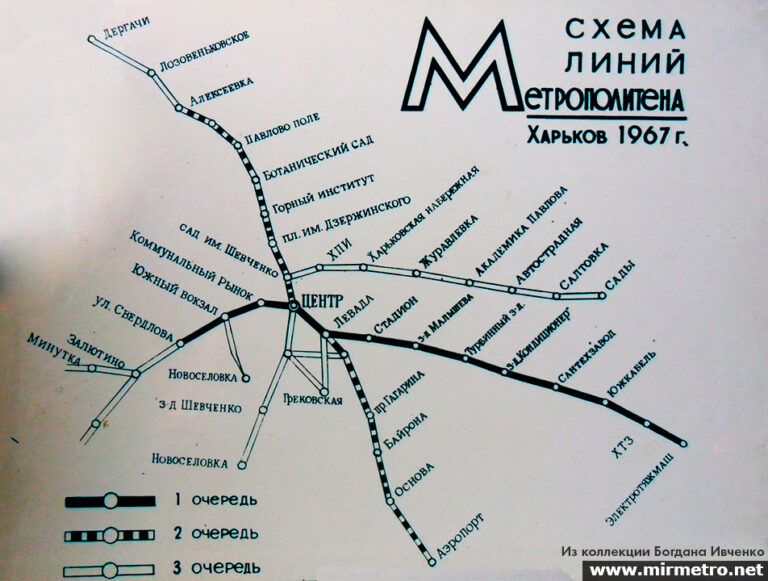 Самая первая схема Харьковского метрополитена, отражающая планы строительства Харьковского метрополитена по модели «город-пригород» с выходом на железнодорожные направления в Харьковской области и рядом вилочных ответвлений.