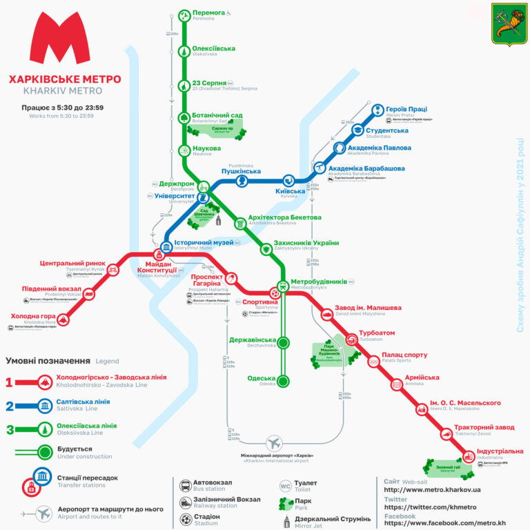 Схема Харьковского метрополитена из Википедии с указанием железнодорожных вокзалов, автостанций и аэропорта. Автор: Андрей Сафиуллин