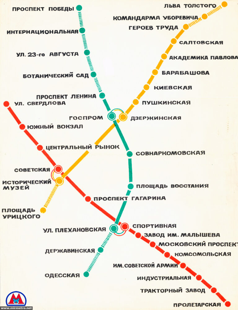 Схема Харьковского метрополитена, висевшая в вагонах накануне продления Салтовской линии до станции "Героев Труда". Здесь Салтовская линия отмечена желтым цветом.
