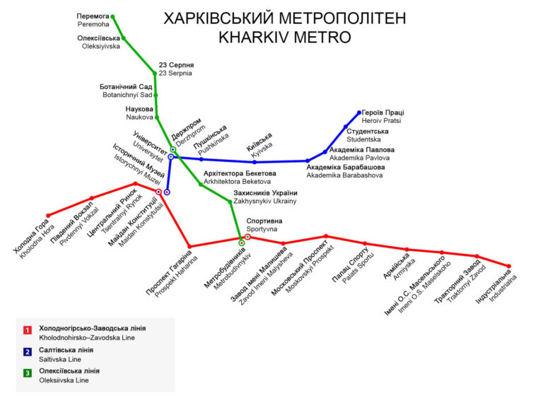Схема Харьковского метрополитена из Википедии с дублированием названий на английском языке.